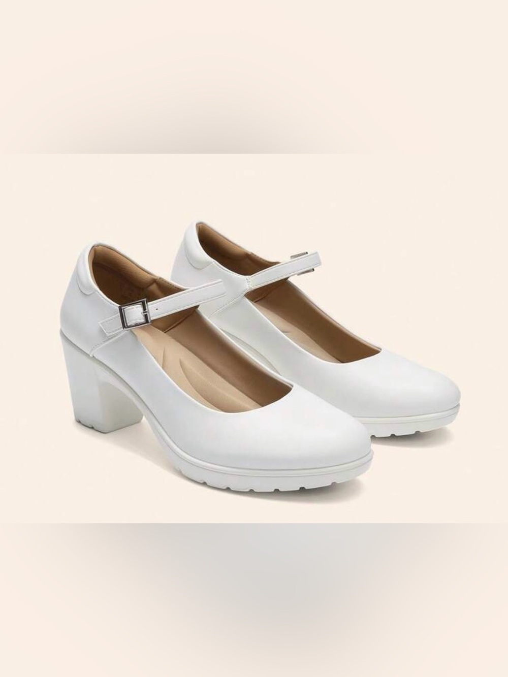 Hazel_M Women’s White Mary Jane Chunky Block Heel Pumps Round Toe Size 6 - Picture 1 of 10